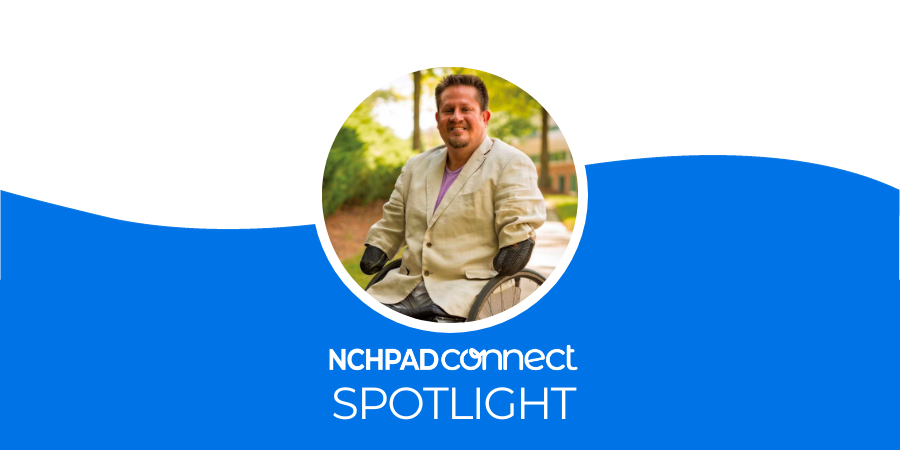 A blue and white graphic with a photo of Bob Lujano with the NCHPAD Connect logo and the word spotlight below it