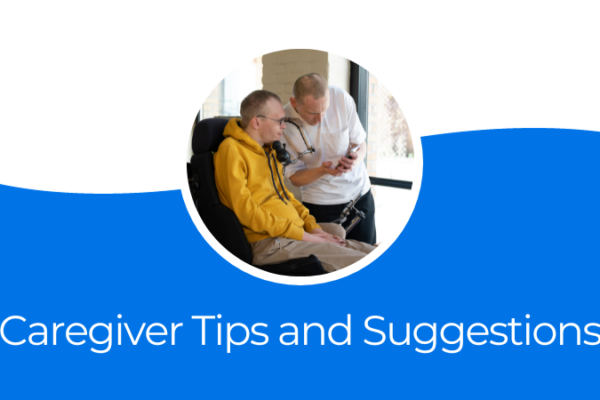 Photo of a man in white shirt showing phone to a man in a yellow sweatshirt on a graphic that says Caregiver Tips and Suggestions below it