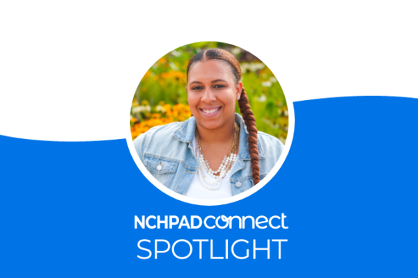 A blue and white graphic with a photo of Cara Riggins with the NCHPAD Connect logo and the word spotlight below it