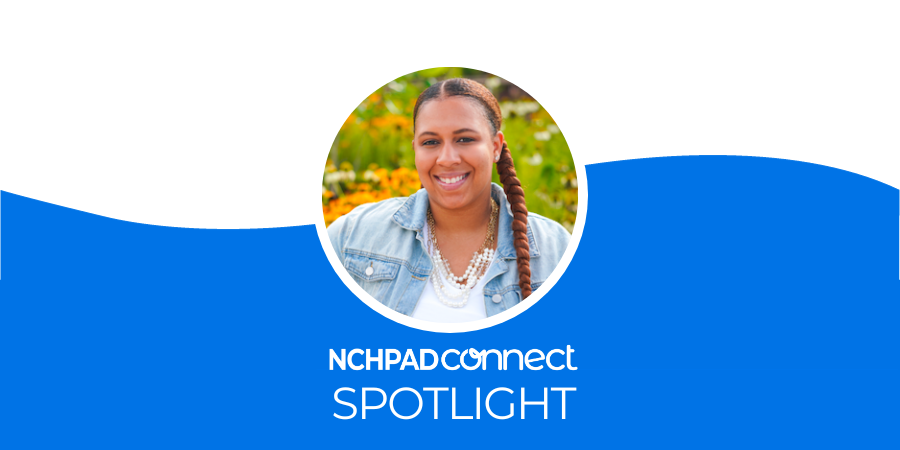 A blue and white graphic with a photo of Cara Riggins with the NCHPAD Connect logo and the word spotlight below it