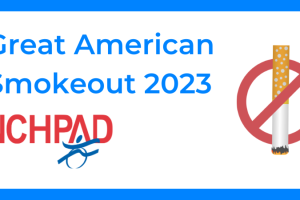 A graphic with the words Great American Smokeout 2023 on it with the NCHPAD logo below it and an image of a no smoking simple.