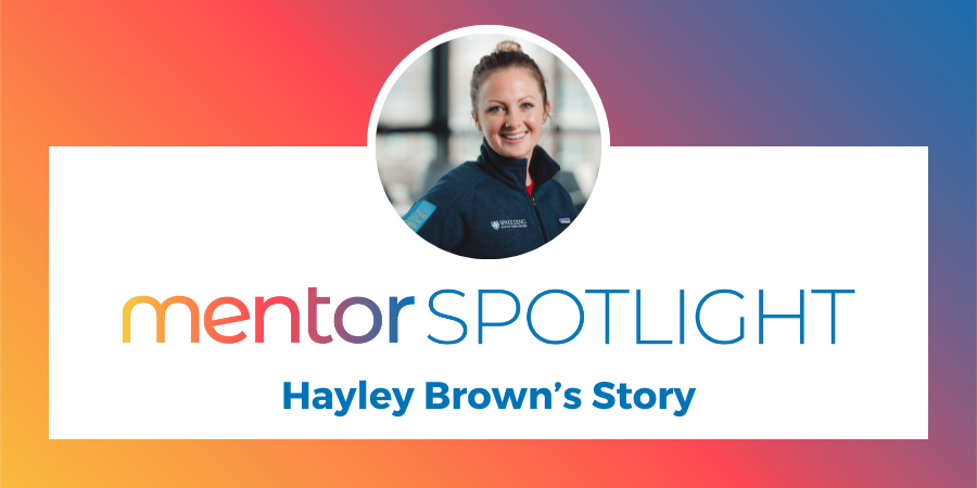 A photo of NCHPAD Mentor Health Coach Hayley Brown on a red and blue graphic with the words "Mentor Spotlight, Hayley Brown's Story" on it