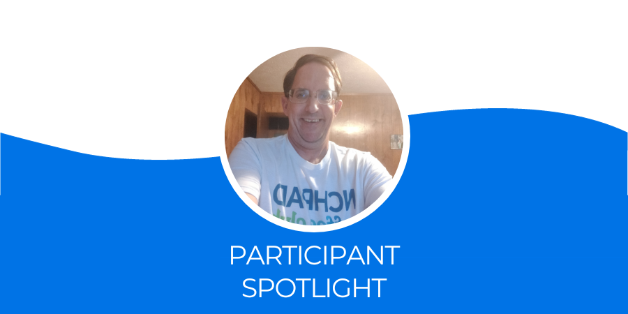 A photo of James Blazin over a blue and white background with the words "participant spotlight"