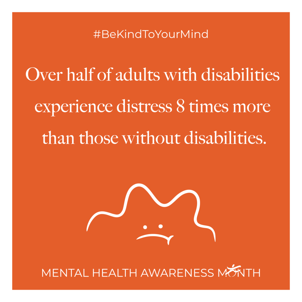 #BeKindToYourMind. Over half of adults with disabilities experience distress 8 times more than those without disabilities. An illustration of a sad cloud. Mental Health Awareness Month.