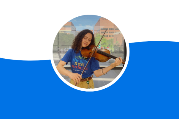 A circular photo of Haleigh Black playing the violin overlaying a blue and white background.